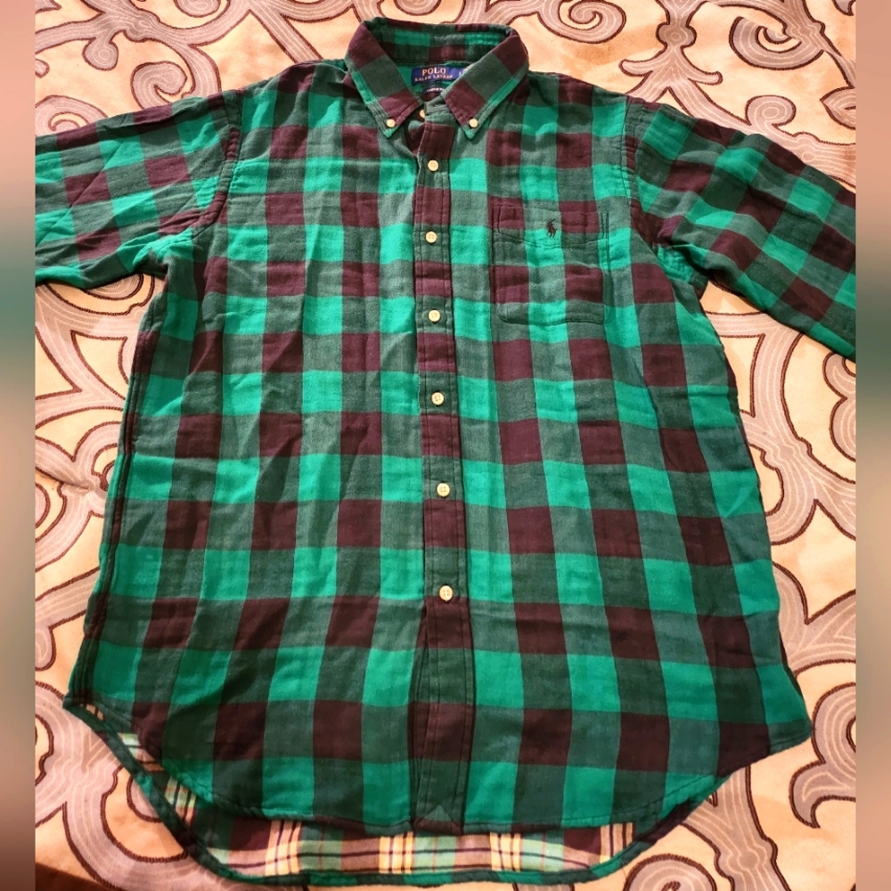$OLD! 138 Polo Ralph Lauren GREEN& Black Plaid Double Faced Flannel Shirt Sz Lrg